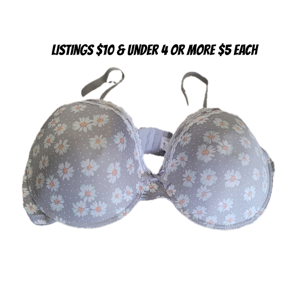 Just Be Gray Floral Bra 42D Lace Trim Daisy Wide Strap 3 Prong